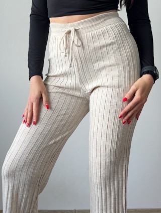 Pantaloni dama din tricot SUBTIRE ivoire inchis cu snur in talie