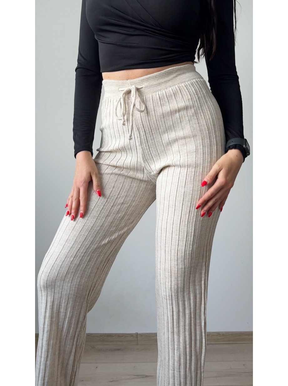 Pantaloni dama din tricot SUBTIRE ivoire inchis cu snur in talie