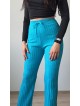 Pantaloni dama din tricot SUBTIRE turcoaz cu snur in talie