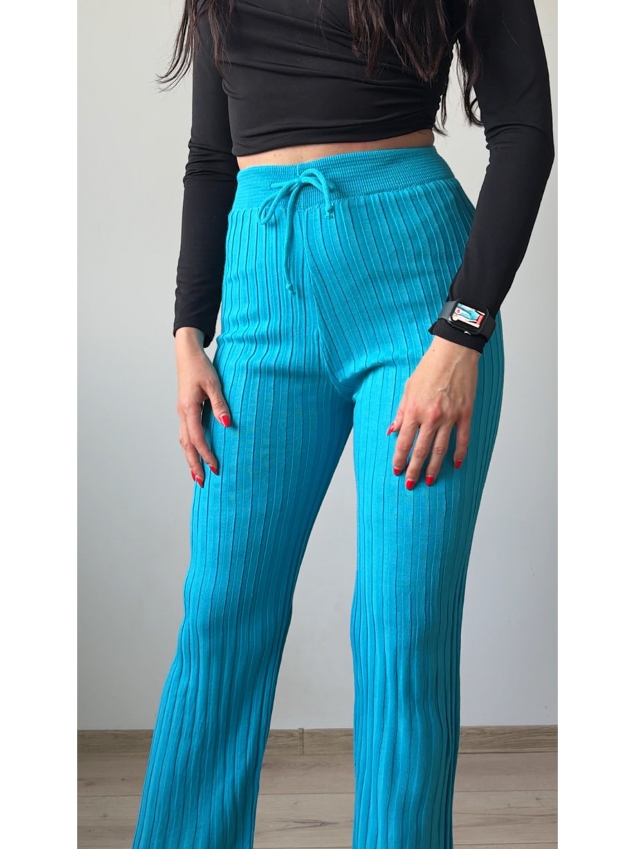 Pantaloni dama din tricot SUBTIRE turcoaz cu snur in talie
