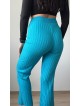 Pantaloni dama din tricot SUBTIRE turcoaz cu snur in talie