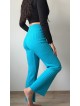 Pantaloni dama din tricot SUBTIRE turcoaz cu snur in talie