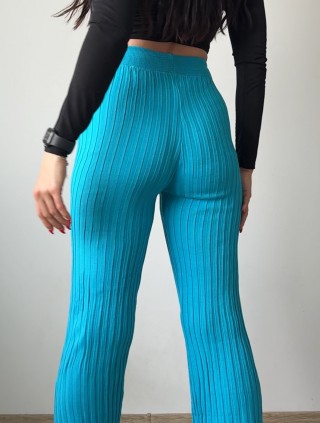 Pantaloni dama din tricot SUBTIRE turcoaz cu snur in talie