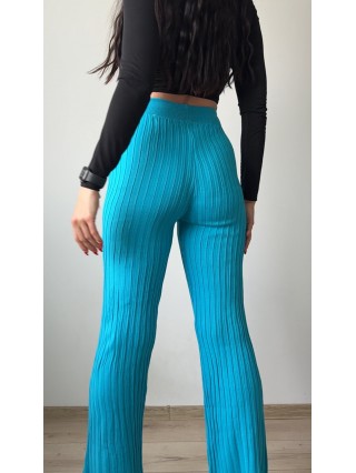 Pantaloni dama din tricot SUBTIRE turcoaz cu snur in talie