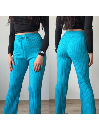 Pantaloni dama din tricot SUBTIRE turcoaz cu snur in talie