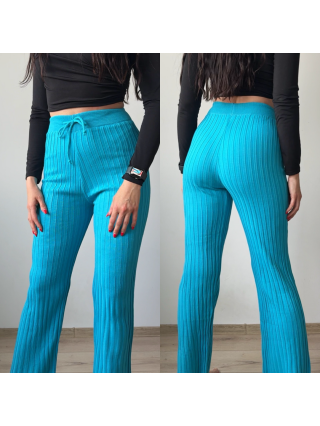 Pantaloni dama din tricot SUBTIRE turcoaz cu snur in talie