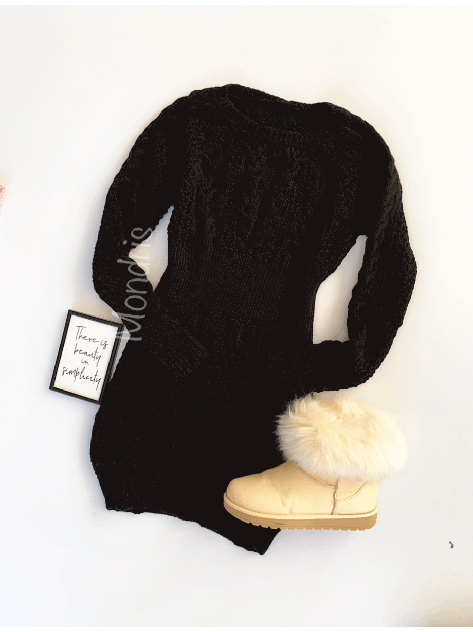 Rochie de zi ieftina din tricot neagra scurta cu model impletit