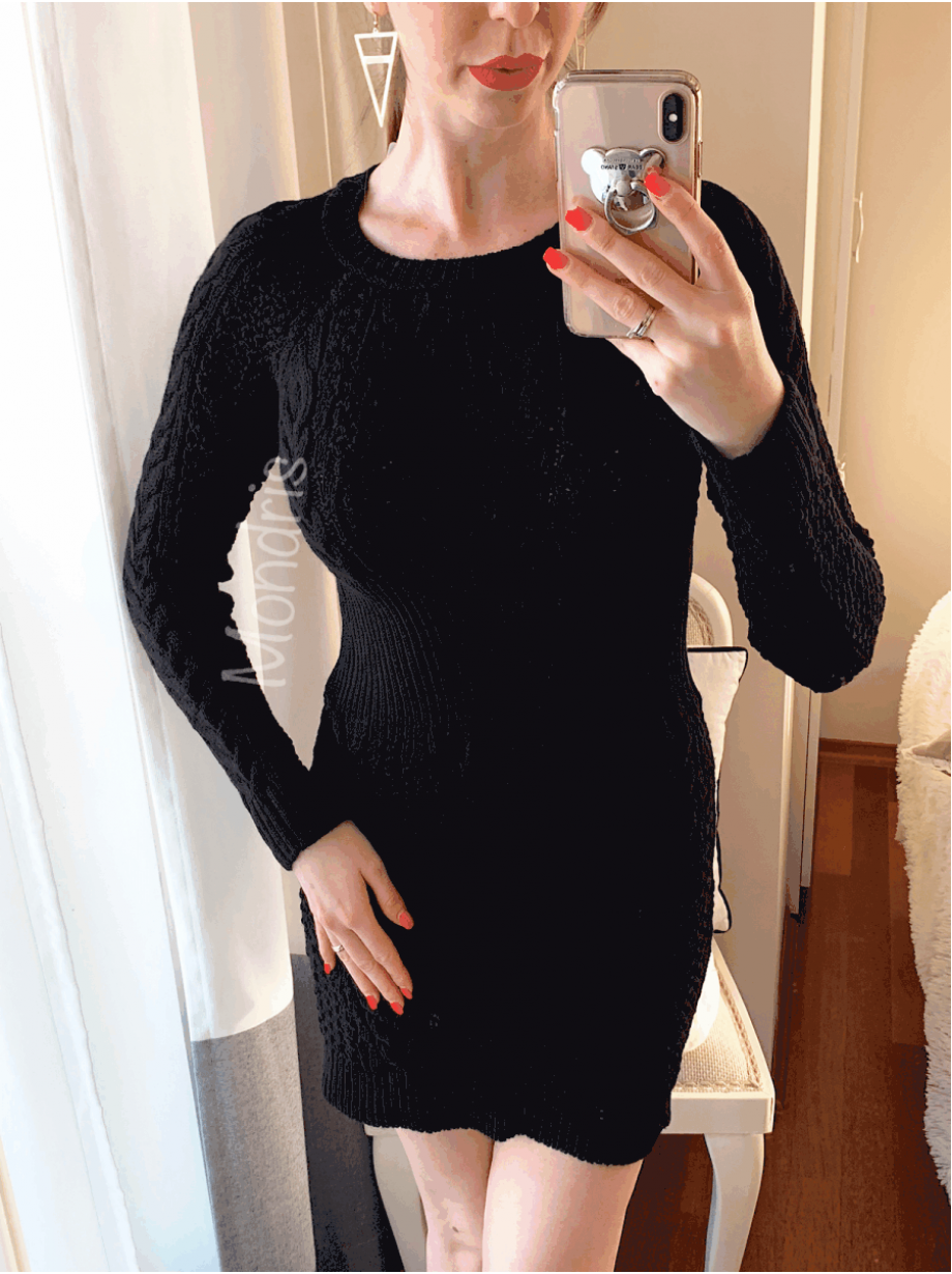 Rochie de zi ieftina din tricot neagra scurta cu model impletit