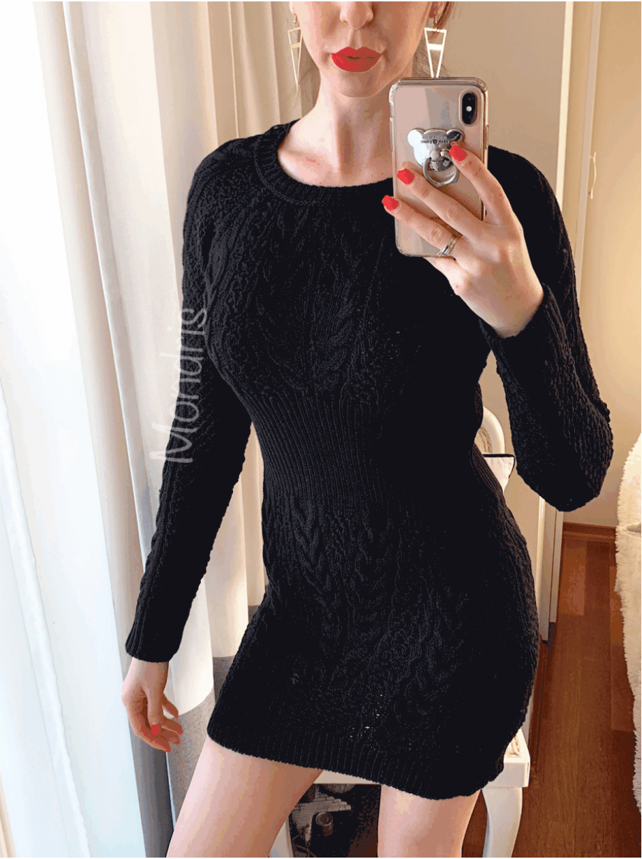 Rochie de zi ieftina din tricot neagra scurta cu model impletit