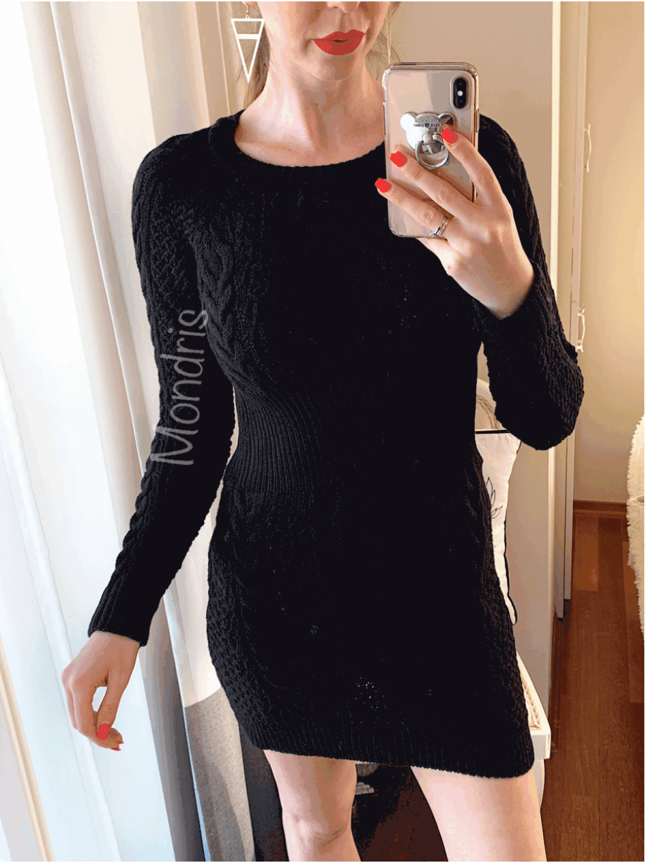 Rochie de zi ieftina din tricot neagra scurta cu model impletit