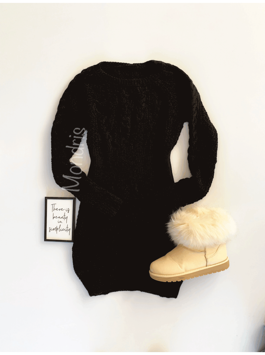 Rochie de zi ieftina din tricot neagra scurta cu model impletit