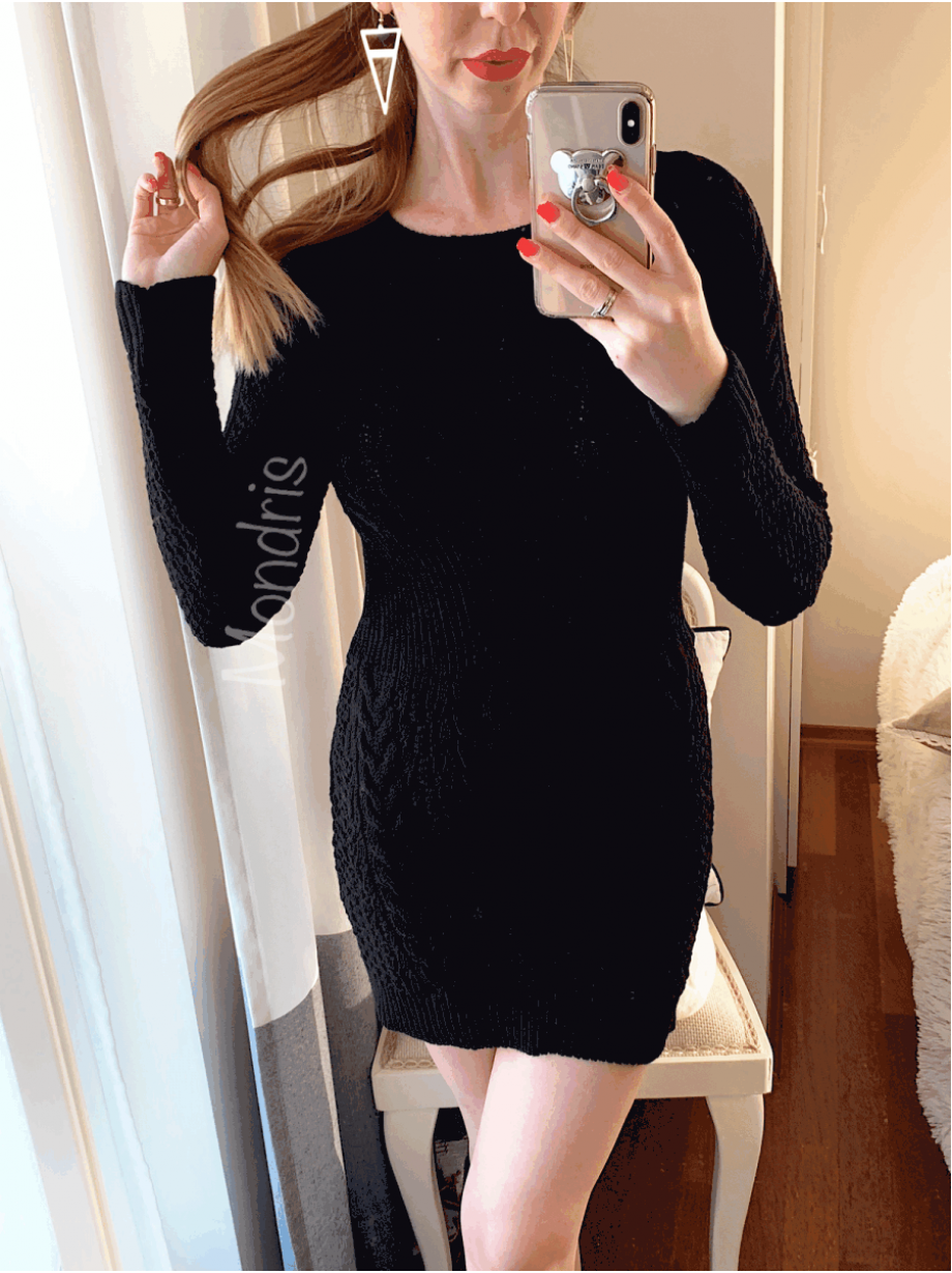 Rochie de zi ieftina din tricot neagra scurta cu model impletit