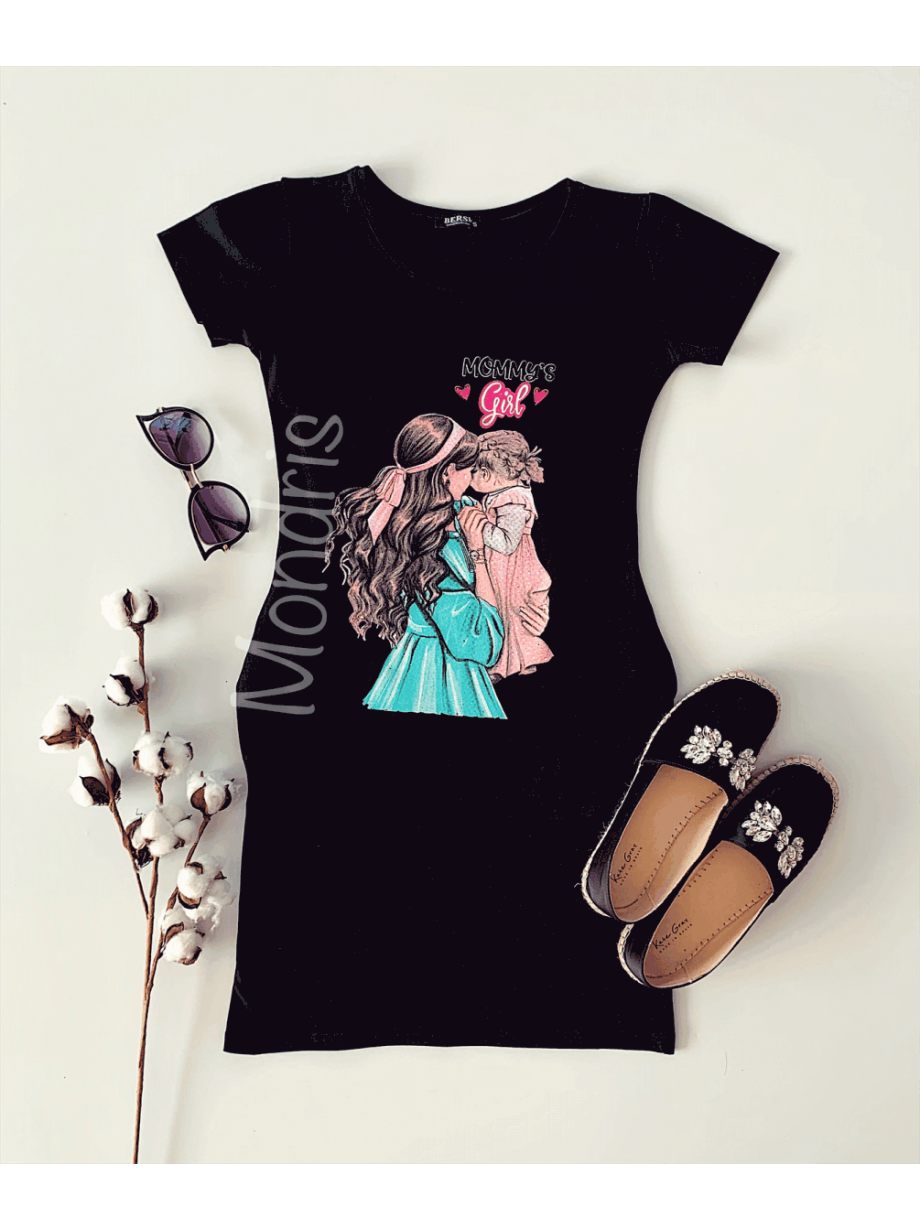 Rochie casual de zi ieftina neagra si imprimeu Mommy's Girl
