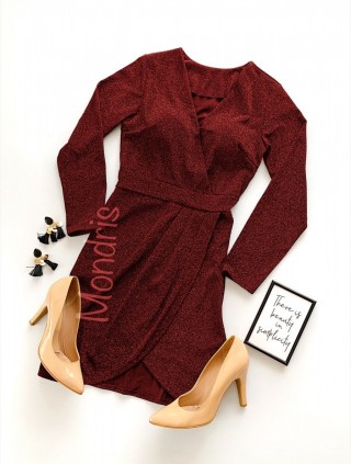 Rochie eleganta scurta stralucitoare visinie cu maneca lunga si decolteu in V