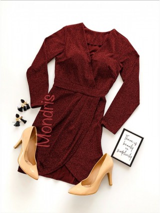 Rochie eleganta scurta stralucitoare visinie cu maneca lunga si decolteu in V