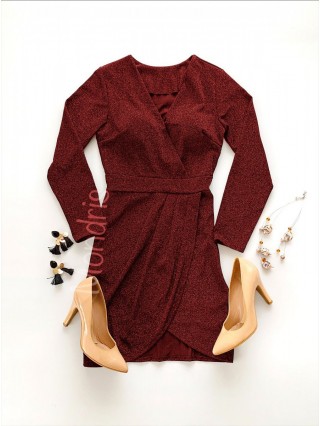 Rochie eleganta scurta stralucitoare visinie cu maneca lunga si decolteu in V