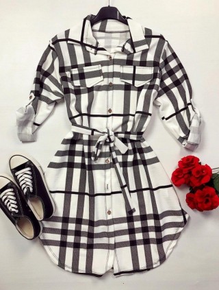 Rochie ieftina casual stil camasa alba si neagra cu dungi si cordon in talie