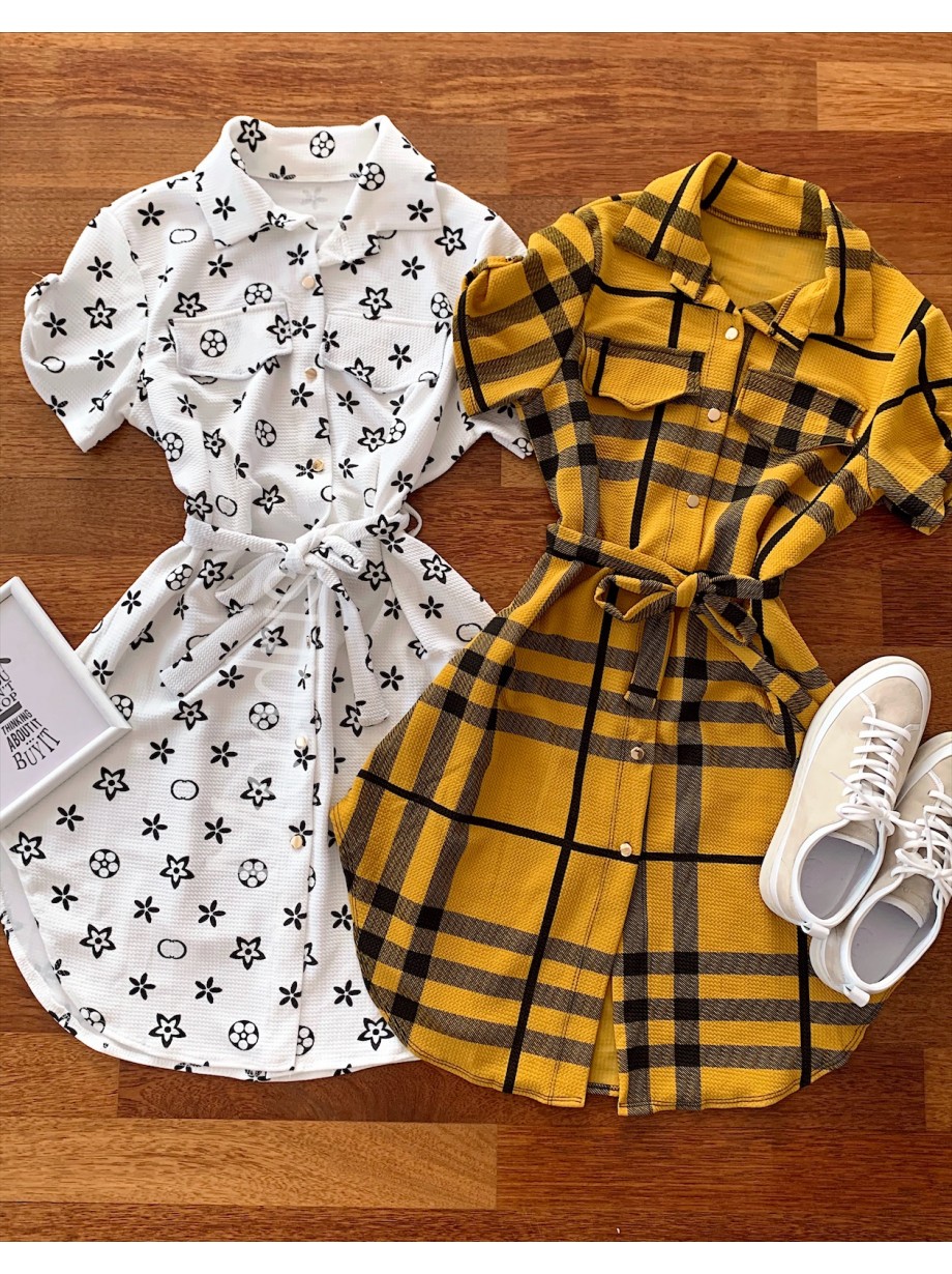 Rochie ieftina casual stil camasa galbena si neagra cu dungi si cordon in talie