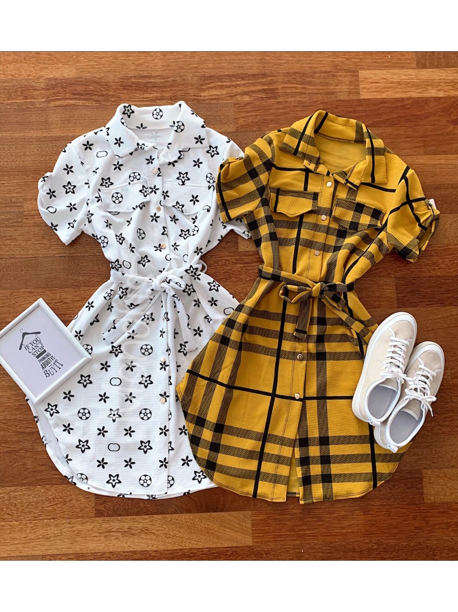 Rochie ieftina casual stil camasa galbena si neagra cu dungi si cordon in talie
