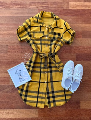 Rochie ieftina casual stil camasa galbena si neagra cu dungi si cordon in talie