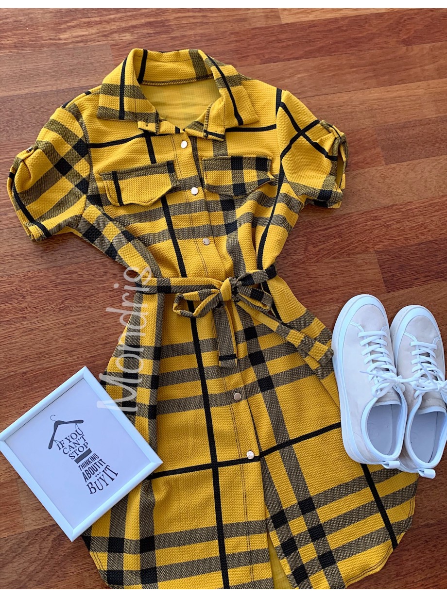 Rochie ieftina casual stil camasa galbena si neagra cu dungi si cordon in talie