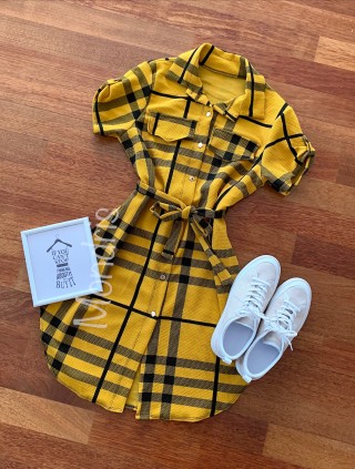 Rochie ieftina casual stil camasa galbena si neagra cu dungi si cordon in talie