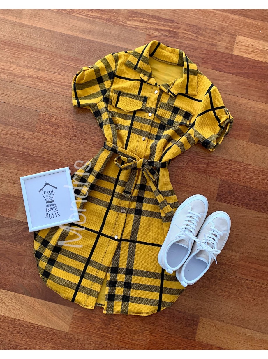 Rochie ieftina casual stil camasa galbena si neagra cu dungi si cordon in talie