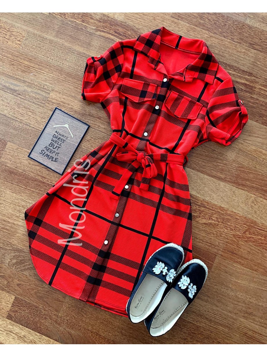 Rochie ieftina casual stil camasa rosie si neagra cu dungi si cordon in talie