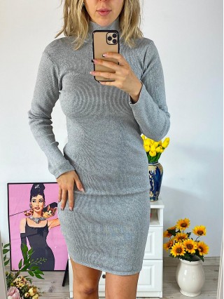 Rochie casual basic gri reiata cu maneca lunga tip maleta