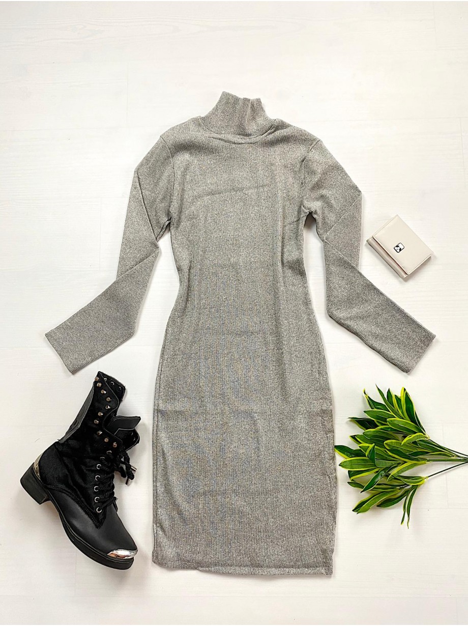 Rochie casual basic gri reiata cu maneca lunga tip maleta Rochie casual basic gri reiata cu maneca lunga tip maleta