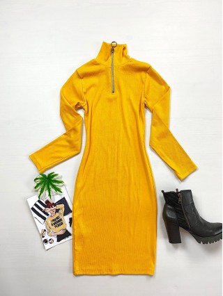 Rochie casual basic galbena reiata cu maneca lunga si fermoar