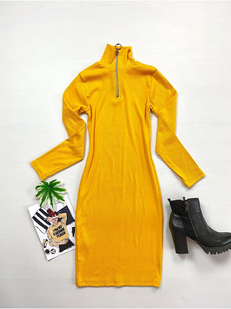Rochie casual basic galbena reiata cu maneca lunga si fermoar
