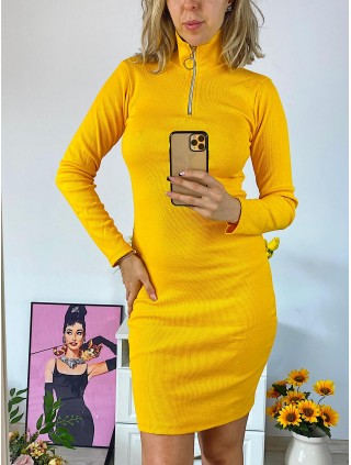 Rochie casual basic galbena reiata cu maneca lunga si fermoar