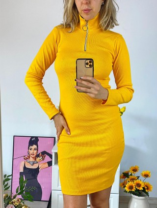 Rochie casual basic galbena reiata cu maneca lunga si fermoar