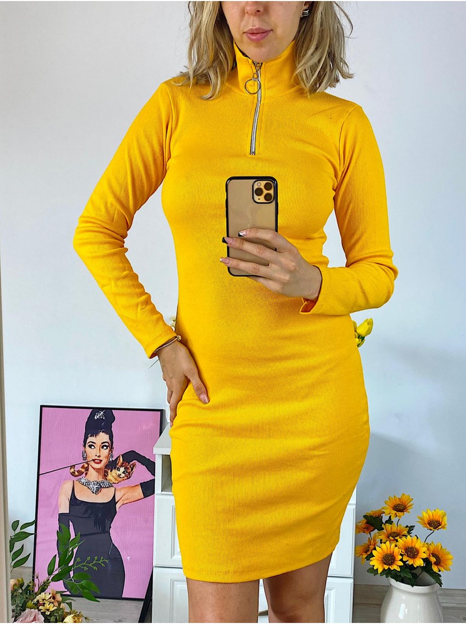 Rochie casual basic galbena reiata cu maneca lunga si fermoar