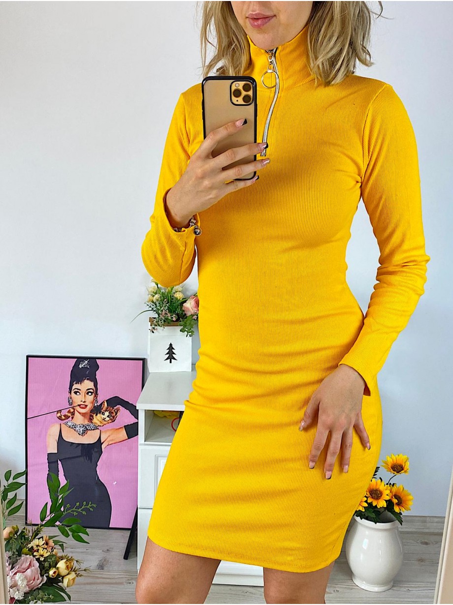 Rochie casual basic galbena reiata cu maneca lunga si fermoar