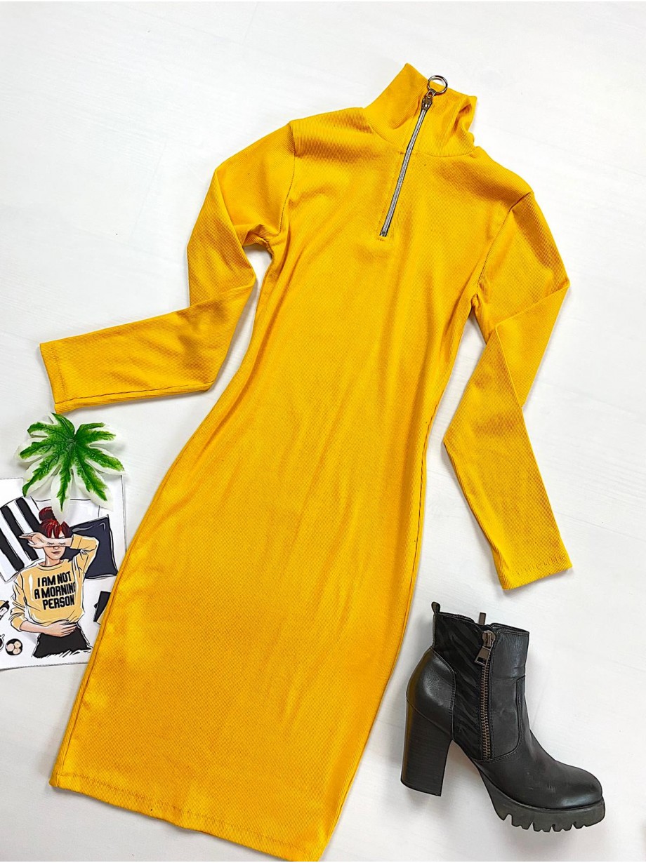 Rochie casual basic galbena reiata cu maneca lunga si fermoar