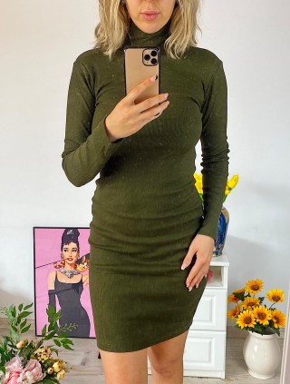 Rochie casual basic khaki reiata cu maneca lunga tip maleta