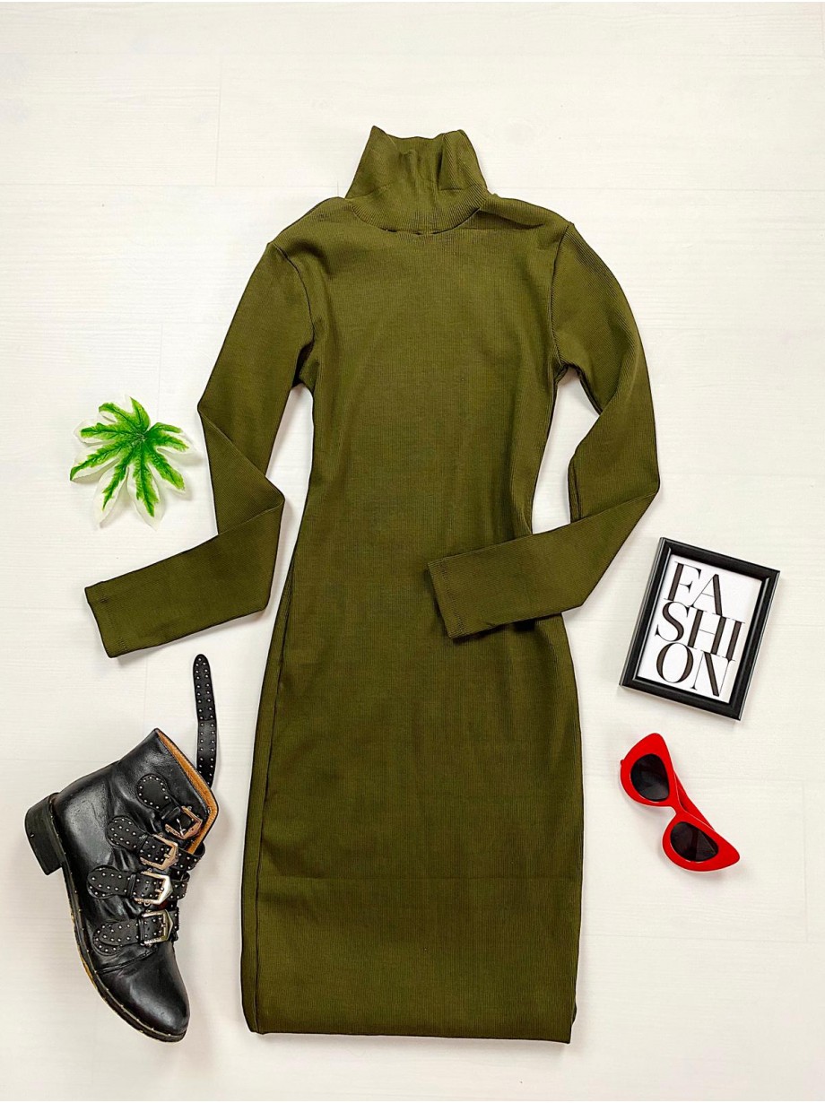Rochie casual basic khaki reiata cu maneca lunga tip maleta