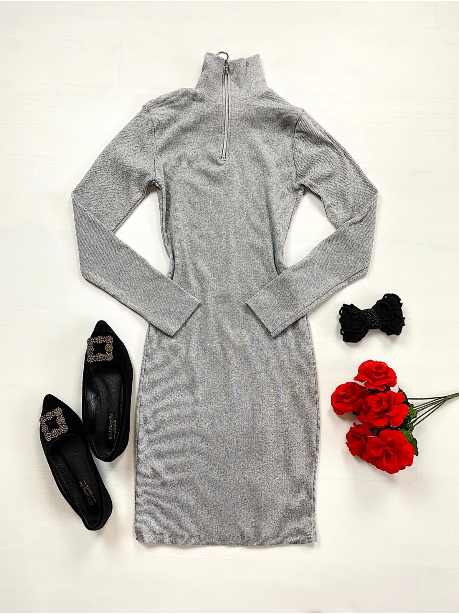Rochie casual basic gri reiata cu maneca lunga si fermoar