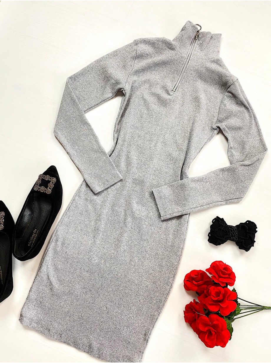 Rochie casual basic gri reiata cu maneca lunga si fermoar