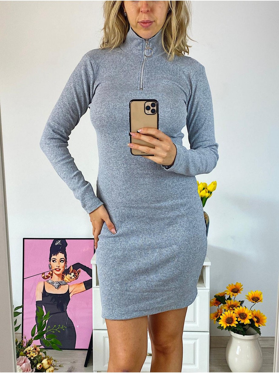 Rochie casual basic gri reiata cu maneca lunga si fermoar