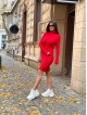 Rochie ieftina scurta din tricot rosie cu guler inalt si model impletit