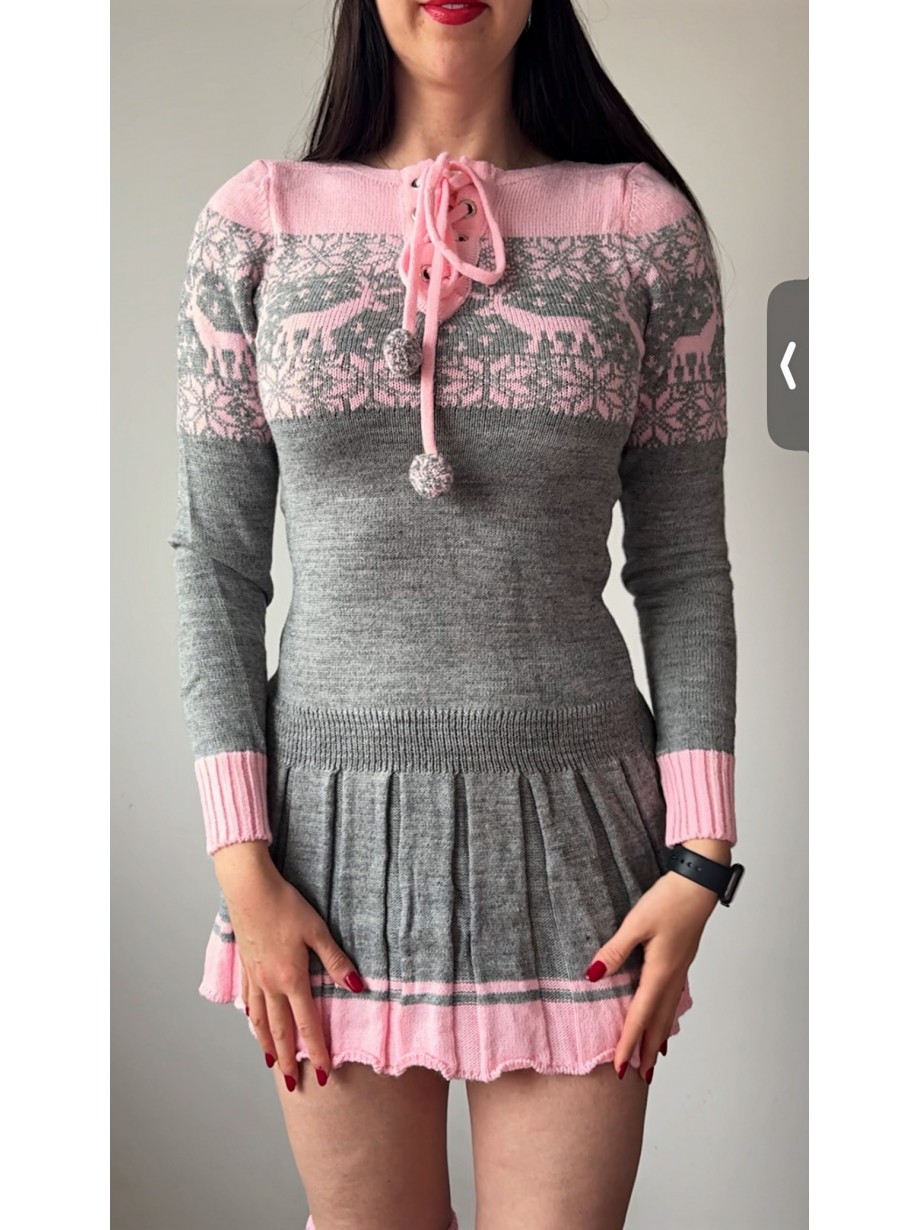 Rochie ieftina din tricot gri cu jambiere+caciula model Craciun Rochie ieftina din tricot gri cu jambiere+caciula model Craciun