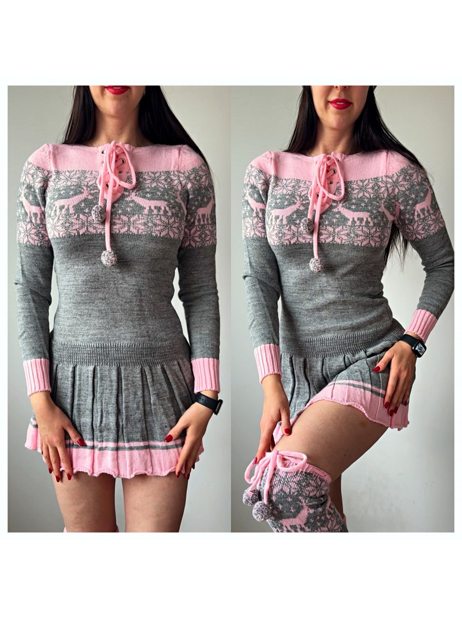 Rochie ieftina din tricot gri cu jambiere+caciula model Craciun Rochie ieftina din tricot gri cu jambiere+caciula model Craciun