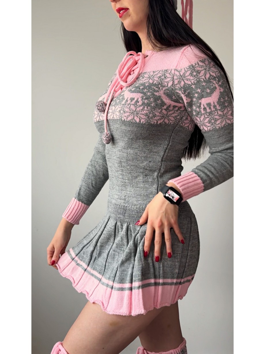 Rochie ieftina din tricot gri cu jambiere+caciula model Craciun Rochie ieftina din tricot gri cu jambiere+caciula model Craciun