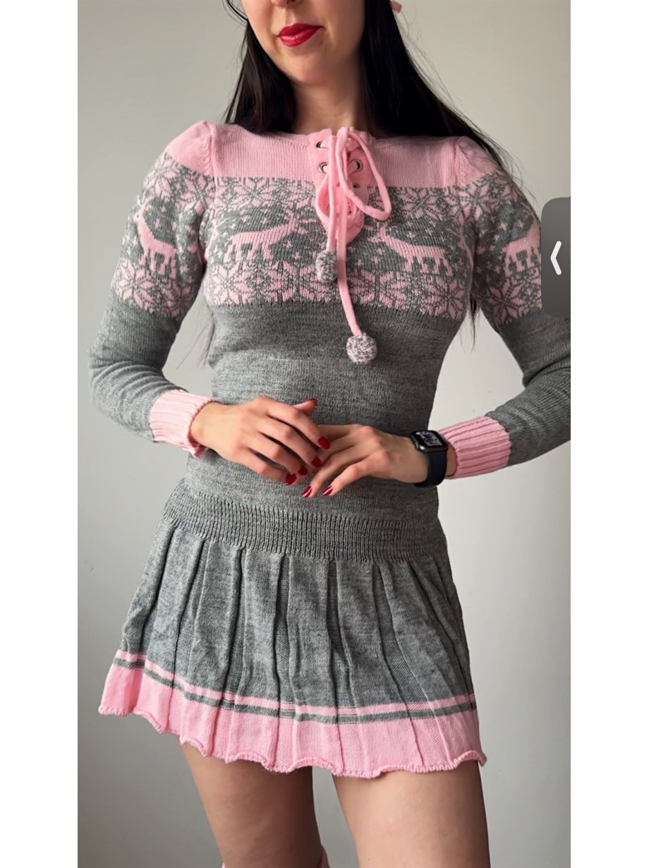 Rochie ieftina din tricot gri cu jambiere+caciula model Craciun Rochie ieftina din tricot gri cu jambiere+caciula model Craciun