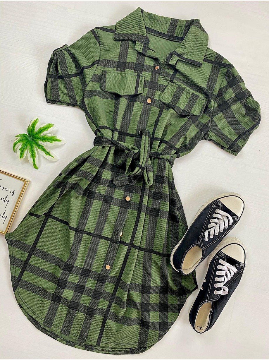 Rochie ieftina casual stil camasa khaki si neagra cu dungi si cordon in talie