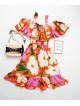 Rochie de zi ieftina portocalie cu imprimeu floral si umerii goi