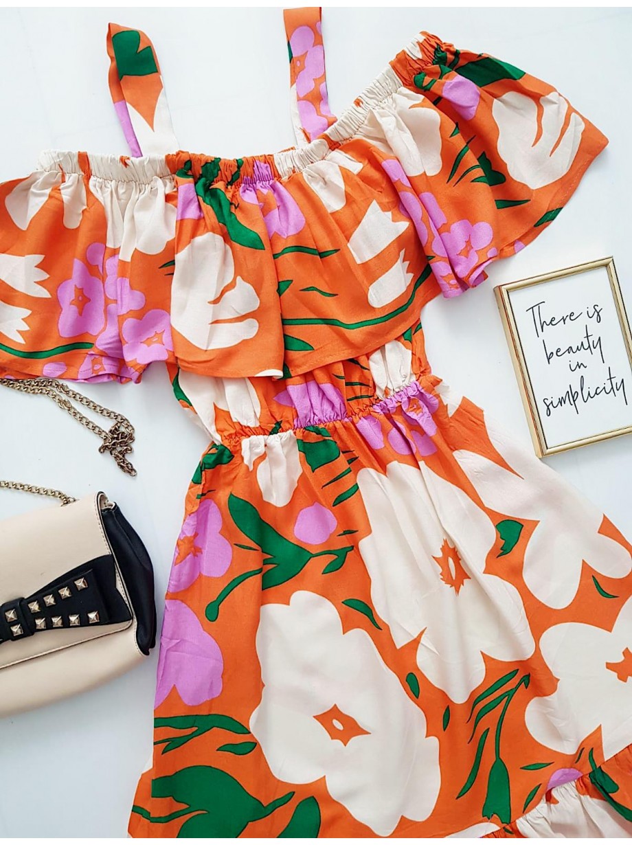 Rochie de zi ieftina portocalie cu imprimeu floral si umerii goi